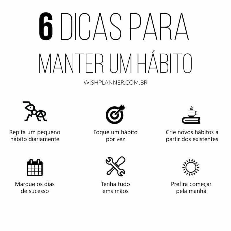 Infográfico com fundo branco intitulado '6 dicas para manter um hábito', ilustrado com ícones pretos e tópicos explicativos sobre rotina e produtividade, incluindo repetição diária, foco único, acompanhamento em calendário e priorização matinal.