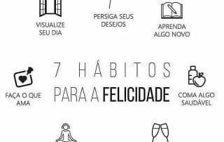 Infográfico com fundo branco intitulado '7 hábitos para a felicidade', apresentando ícones pretos dispostos em círculo com tópicos de bem-estar, saúde e rotina, incluindo meditação, aprendizado, visualização diária e celebração de vitórias.