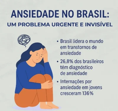 Infográfico com fundo claro intitulado 'Ansiedade no Brasil: um problema urgente e invisível', ilustrado com o desenho de uma mulher jovem abraçando os joelhos e dados estatísticos sobre a liderança mundial em transtornos e o aumento de internações.