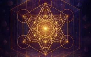 Ilustração digital de geometria sagrada apresentando linhas douradas brilhantes que formam um padrão complexo tridimensional flutuando sobre um fundo cósmico roxo escuro, representando a expansão da consciência e as práticas de hipnose holística.