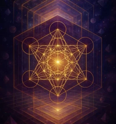 Ilustração digital de geometria sagrada apresentando linhas douradas brilhantes que formam um padrão complexo tridimensional flutuando sobre um fundo cósmico roxo escuro, representando a expansão da consciência e as práticas de hipnose holística.