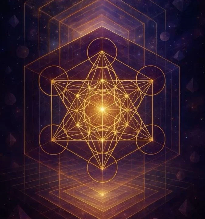 Ilustração digital de geometria sagrada apresentando linhas douradas brilhantes que formam um padrão complexo tridimensional flutuando sobre um fundo cósmico roxo escuro, representando a expansão da consciência e as práticas de hipnose holística.