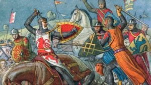 Pintura medieval ilustrando o mercado financeiro como uma batalha de traders