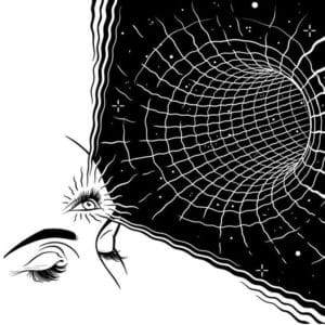 Espiritualidade na regressão e expansão da consciência através de ilustração em linhas pretas com olhar voltado para um túnel cósmico em grade espacial
