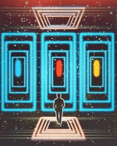 Ilustração geométrica sobre o processo de regressão com hipnose, exibindo uma figura humana diante de três portais de neon que simbolizam os acessos e caminhos do subconsciente.