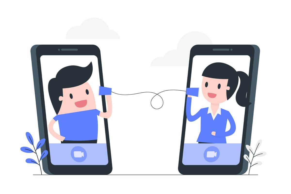 Ilustração vetorial de um homem e uma mulher em telas de smartphones se comunicando através de um telefone de lata com fio, representando de forma metafórica o processo de atendimento online e a ponte de comunicação em sessões de regressão.