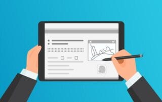 Ilustração plana exibindo duas mãos segurando um tablet digital enquanto uma delas utiliza uma caneta stylus para assinar um documento eletrônico com ícone de impressão digital, representando a assinatura digital e a desburocratização de contratos.