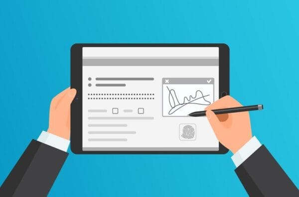 modelo de recorrência na Assinatura de contrato digital em tablet representando a adesão de um serviço.