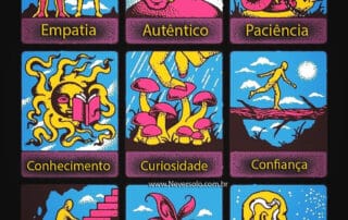 Infográfico em grade de três por três exibindo cartões com ilustrações surreais e coloridas que detalham os nove pilares da inteligência emocional: empatia, autêntico, paciência, conhecimento, curiosidade, confiança, persistência, tranquilidade e honestidade, incluindo a marca NeverSolo.