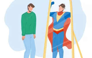 Ilustração plana exibindo um homem com trajes cotidianos diante de um grande espelho de moldura dourada, que reflete uma versão idealizada de si mesmo vestida como super-herói de capa, retratando visualmente os contrastes do ego e a busca pelo potencial oculto.