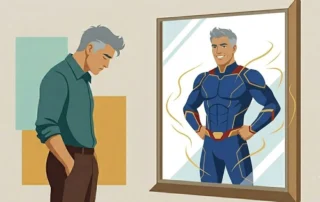 Ilustração digital mostrando um homem de camisa verde olhando para baixo com expressão desanimada em frente a um espelho, cujo reflexo exibe a si mesmo sorridente e confiante vestido como um super-herói envolto em linhas de energia, representando o poder da confiança e magnetismo pessoal.