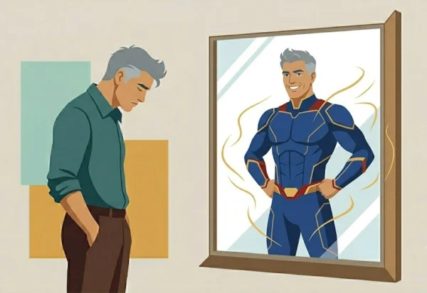 poder de influencia magnetismo pessoal Ilustração minimalista de um homem comum olhando no espelho e vendo seu reflexo como um super-herói confiante, simbolizando o aumento do poder de influência e magnetismo pessoal.