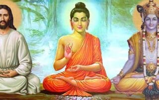 Pintura clássica apresentando as figuras de Jesus, Buda e Krishna sentados em meditação harmônica em meio a uma paisagem suave, com feixes de luz circulares iluminando suas expressões serenas, ilustrando a convergência desse arquétipo nas grandes tradições.