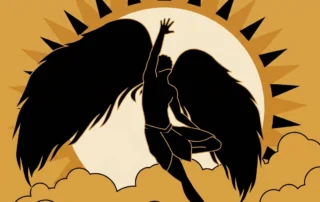 Ilustração minimalista mostrando a silhueta preta de Ícaro com asas abertas voando em direção a um grande sol radiante acima das nuvens, representando os riscos de ganância, a gestão do trade e o perigo de perder tudo.