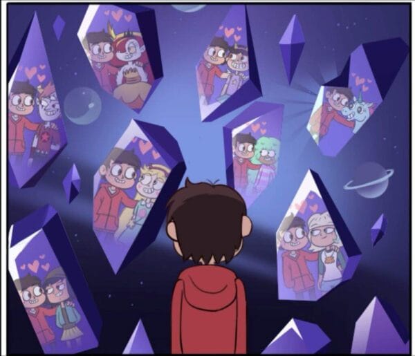 Regressão espiritual e memórias de vidas passadas em ilustração de jovem observando cristais flutuantes com cenas no espaço.