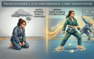 Infográfico explicativo com o título 'PRODUTIVIDADE E ALTA PERFORMANCE: COMO DESENVOLVER', comparando o estado de estresse de uma atleta de artes marciais com o seu estado posterior de foco, clareza e fluxo dinâmico.