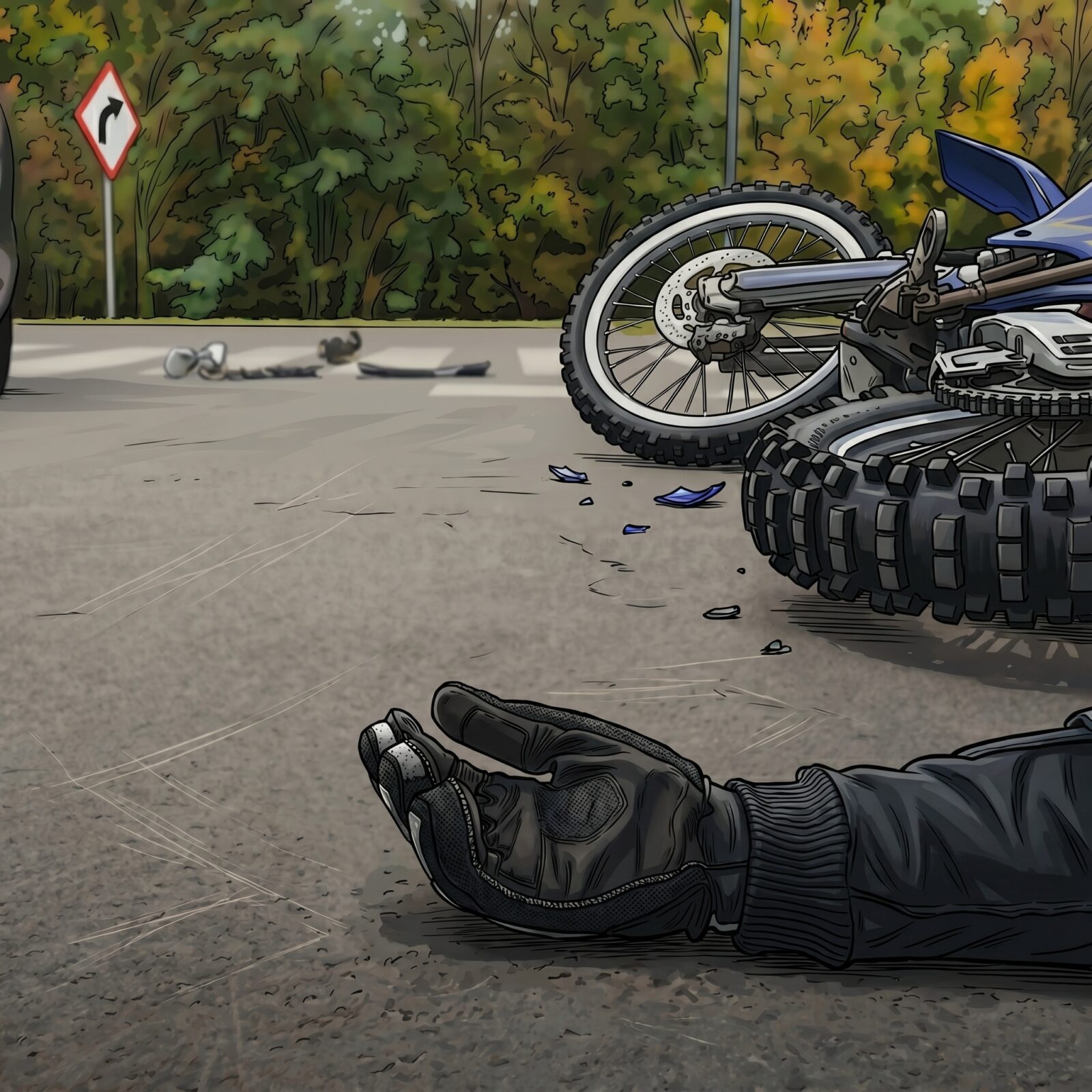Ilustração detalhada de um cenário de acidente de moto com a motocicleta caída no asfalto e a mão de um motociclista com luva preta caída em primeiro plano, representando superação, neuroplasticidade e a recuperação de lesões.