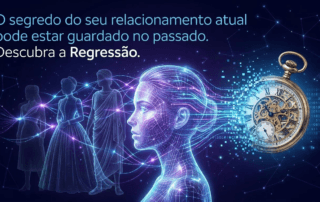Banner com a frase 'O segredo do seu relacionamento atual pode estar guardado no passado. Descubra a Regressão.', exibindo o perfil brilhante de uma mulher conectado a silhuetas de figuras históricas e a um relógio de bolso antigo.