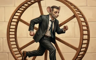 Ilustração digital de um homem com cabeça de rato vestindo terno e gravata correndo exausto dentro de uma grande roda de madeira, simbolizando o conceito de corrida dos ratos e a importância de encontrar um propósito de vida.