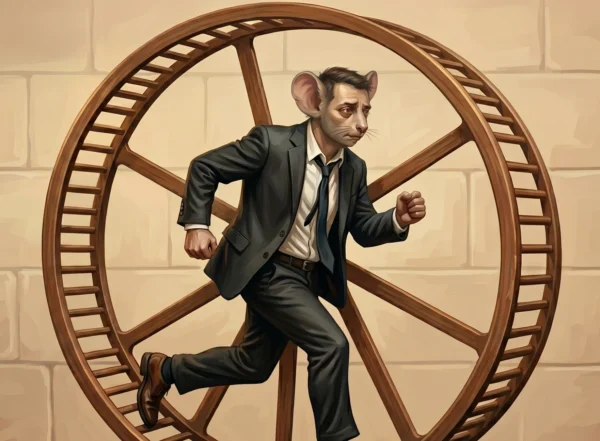 Ilustração artística de um homem de terno correndo em uma roda, representando o conceito da 'corrida dos ratos' e a busca por propósito na vida.
