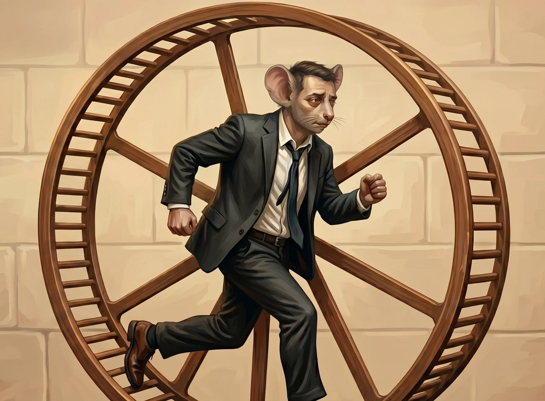 Ilustração digital de um homem com cabeça de rato vestindo terno e gravata correndo exausto dentro de uma grande roda de madeira, simbolizando o conceito de corrida dos ratos e a importância de encontrar um propósito de vida.