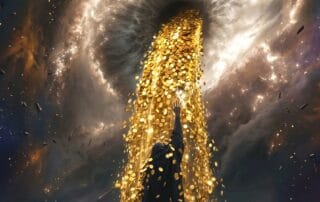 Ilustração artística e mística mostrando um mago de costas voltado para um imenso olho cósmico no universo, de onde jorra uma imensa cascata de moedas de ouro brilhantes, representando o poder mental, magnetismo e hipnose para ganhos financeiros.