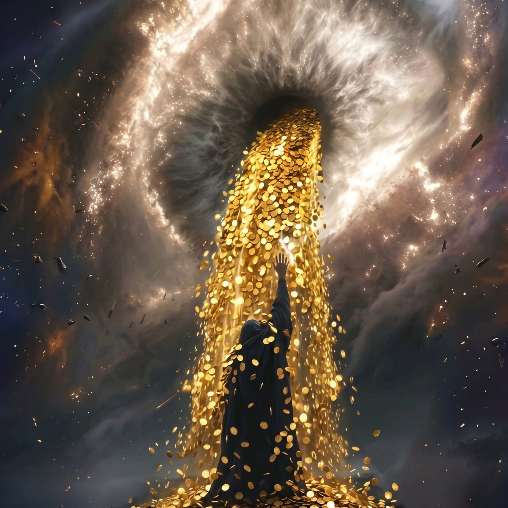 Ilustração artística e mística mostrando um mago de costas voltado para um imenso olho cósmico no universo, de onde jorra uma imensa cascata de moedas de ouro brilhantes, representando o poder mental, magnetismo e hipnose para ganhos financeiros.