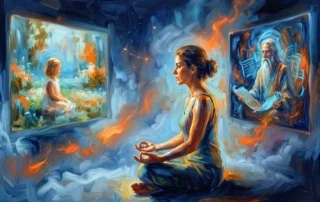 Pintura digital expressiva com pinceladas marcantes mostrando uma mulher em meditação centralizada, ladeada por duas telas iluminadas que retratam uma criança e um ancião com pergaminho, ilustrando o processo de fazer regressão sozinho e acessar memórias profundas.