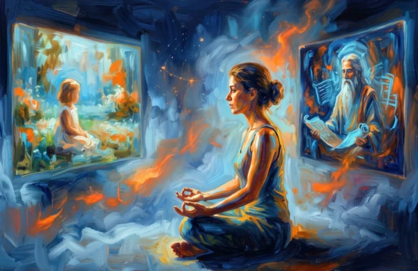fazer regressao sozinho Como fazer regressão sozinho através de autohipnose em ilustração de pessoa meditando com duas telas mentais