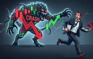 Ilustração digital de um homem de terno correndo desesperado segurando um notebook com gráfico em queda, enquanto é perseguido por um monstro gigante composto por velas de candlestick vermelhas e verdes do mercado financeiro com a palavra 'CRASH' em destaque.