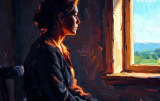 Pintura a óleo retratando uma mulher sentada em um ambiente escuro e introspectivo, olhando fixamente por uma janela em direção a uma paisagem externa iluminada, ilustrando visualmente o processo de luto, reflexão e a saudade de uma pessoa falecida.