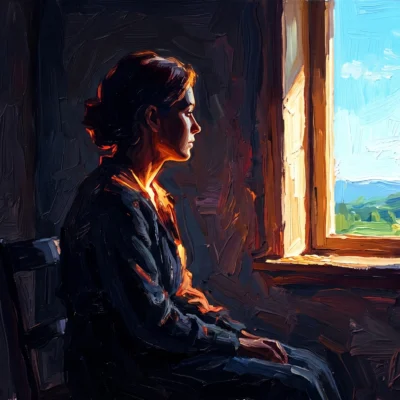 Pintura a óleo retratando uma mulher sentada em um ambiente escuro e introspectivo, olhando fixamente por uma janela em direção a uma paisagem externa iluminada, ilustrando visualmente o processo de luto, reflexão e a saudade de uma pessoa falecida.