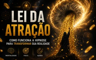 Banner com o título "Lei da atração: como funciona a hipnose para transformar sua realidade". A imagem apresenta uma perspectiva visual rica em elementos dourados e pretos, mostrando uma figura de costas diante de um grande vórtice cósmico de onde jorram moedas de ouro.
