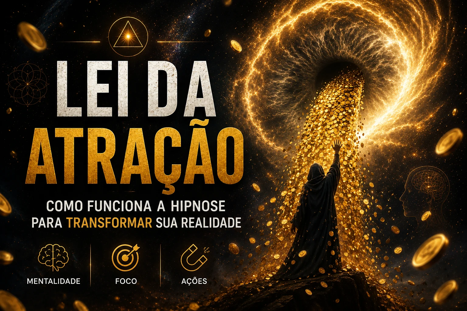 Banner com o título "Lei da atração: como funciona a hipnose para transformar sua realidade". A imagem apresenta uma perspectiva visual rica em elementos dourados e pretos, mostrando uma figura de costas diante de um grande vórtice cósmico de onde jorram moedas de ouro.