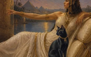 Ilustração do arquétipo da Cleópatra com tiara de cobra e um gato preto, representando os arquétipos de soberania, intuição e poder de influência.