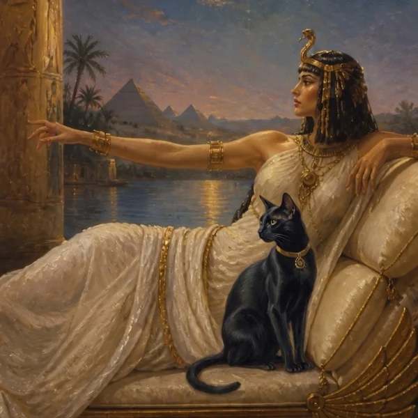Ilustração do arquétipo da Cleópatra com tiara de cobra e um gato preto, representando os arquétipos de soberania, intuição e poder de influência.