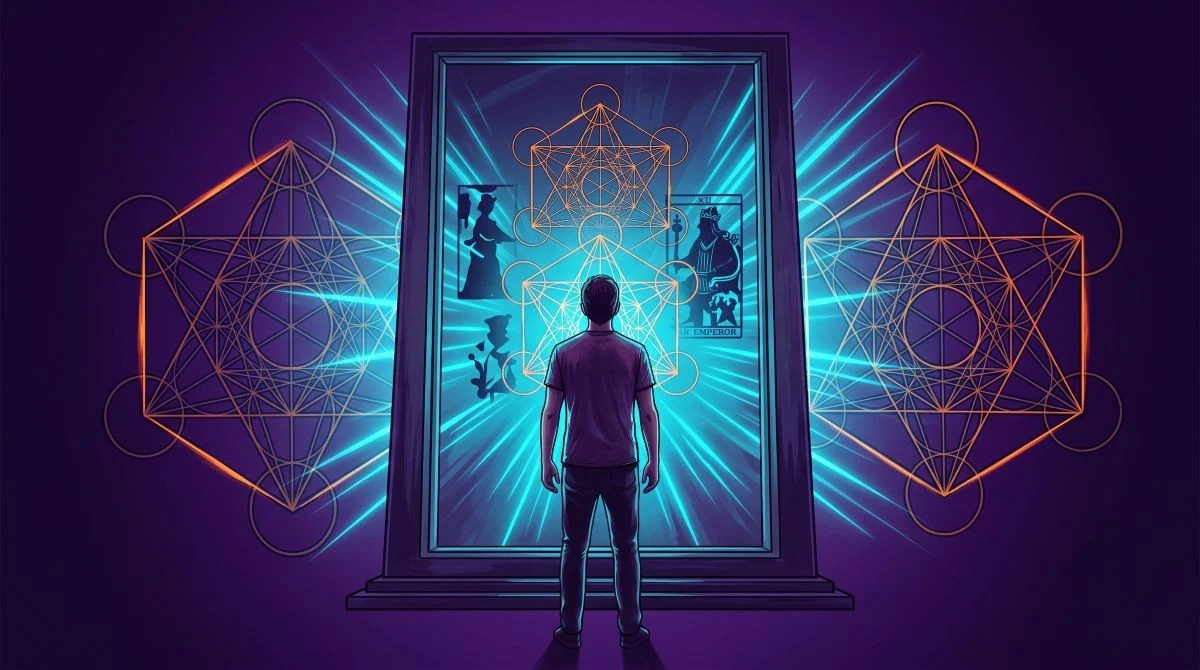 Ilustração geométrica de um Arcano do Tarot simbolizando os arquétipos de poder e o acesso ao inconsciente através da hipnose clínica.