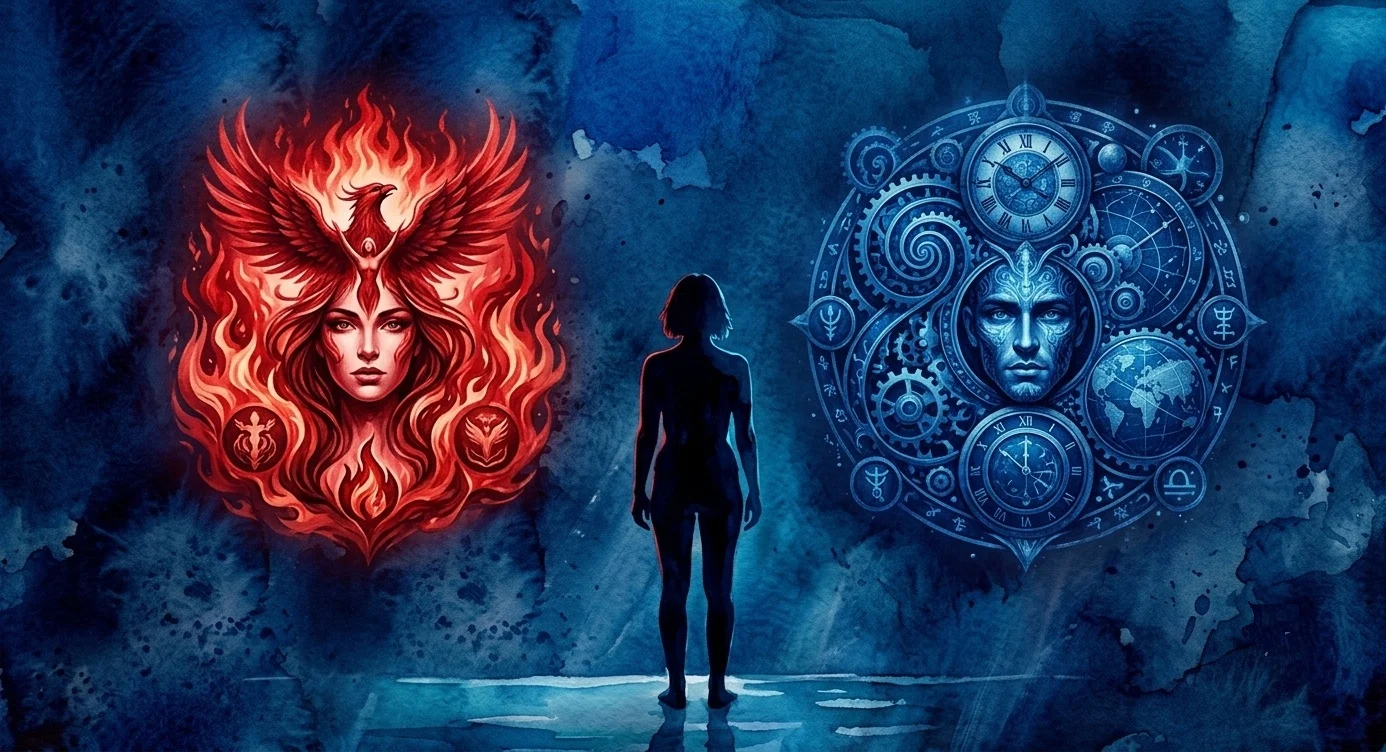 Como descobrir meu arquétipo na hipnose e regressão: silhueta em aquarela azul entre fênix em chamas e engrenagens lógicas.