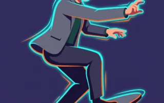 Ilustração vetorial minimalista de um homem de óculos escuros em movimento de equilíbrio dinâmico, com uma aura neon cyan e laranja brilhante ao redor do corpo, simbolizando o conceito de como farmar aura e desenvolver presença magnética.