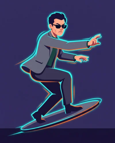 Ilustração vetorial minimalista de um homem de óculos escuros em movimento de equilíbrio dinâmico, com uma aura neon cyan e laranja brilhante ao redor do corpo, simbolizando o conceito de como farmar aura e desenvolver presença magnética.