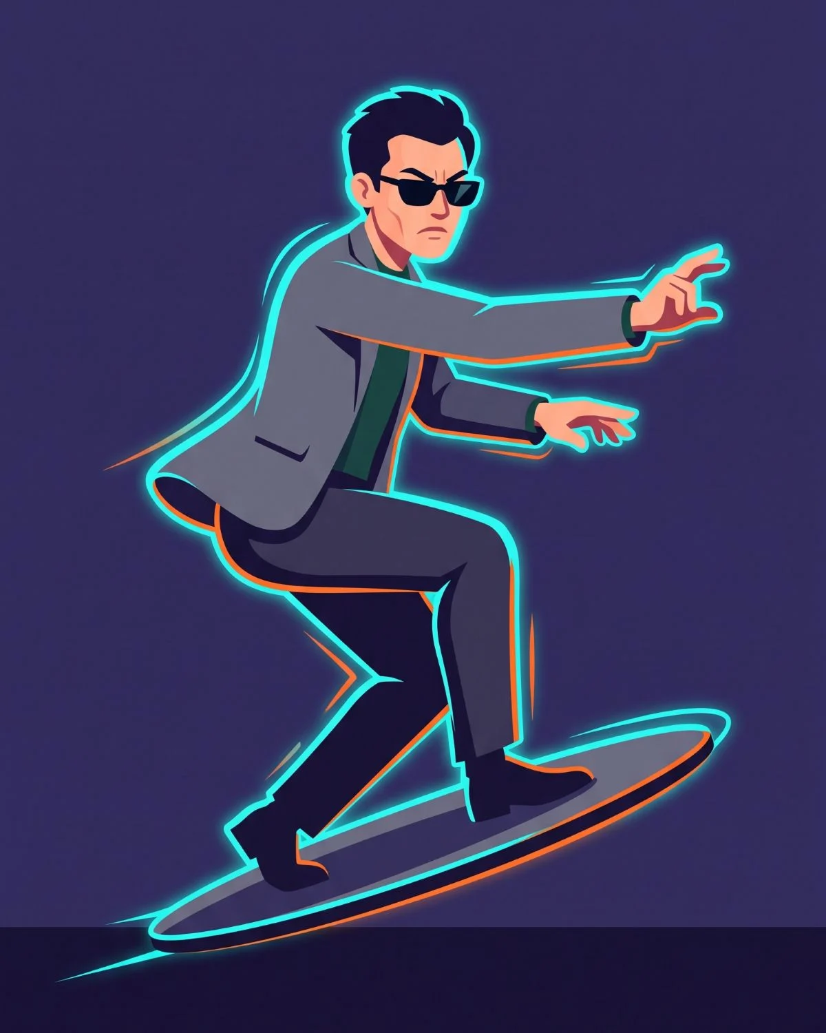 Ilustração vetorial minimalista de um homem de óculos escuros em movimento de equilíbrio dinâmico, com uma aura neon cyan e laranja brilhante ao redor do corpo, simbolizando o conceito de como farmar aura e desenvolver presença magnética.