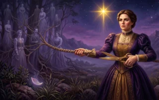 Pintura clássica de uma mulher resoluta cortando a corda da linhagem ancestral com tesouras de ouro, simbolizando como quebrar padrões repetitivos familiares através da hipnoterapia.