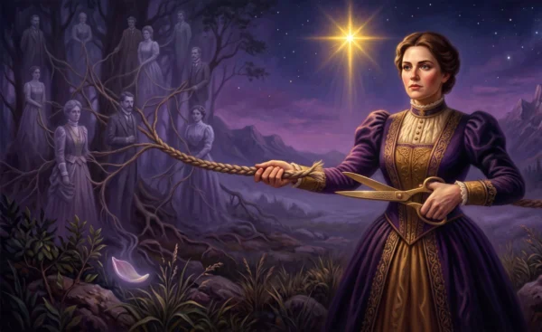Pintura clássica de uma mulher resoluta cortando a corda da linhagem ancestral com tesouras de ouro, simbolizando como quebrar padrões repetitivos familiares através da hipnoterapia.