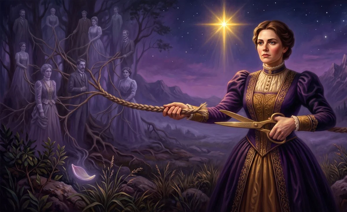 Pintura clássica de uma mulher resoluta cortando a corda da linhagem ancestral com tesouras de ouro, simbolizando como quebrar padrões repetitivos familiares através da hipnoterapia.
