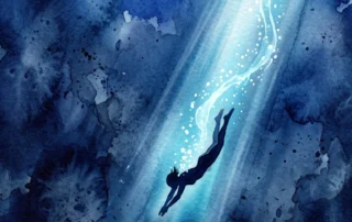Aquarela de silhueta mergulhando em mar profundo sob feixe de luz, ilustrando visualmente como tratar o inconsciente.