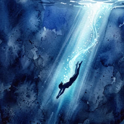 Aquarela de silhueta mergulhando em mar profundo sob feixe de luz, ilustrando visualmente como tratar o inconsciente.