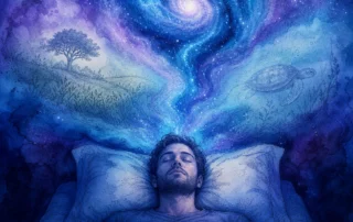 Homem dormindo profundamente em um quarto escuro sob um fluxo cósmico azul, ilustrando a técnica de hipnose para dormir e relaxamento mental.