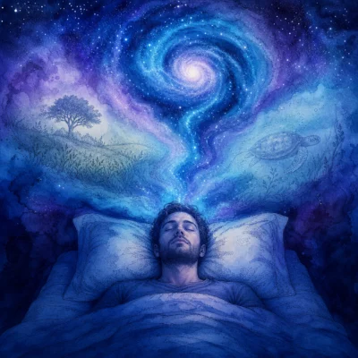 Homem dormindo profundamente em um quarto escuro sob um fluxo cósmico azul, ilustrando a técnica de hipnose para dormir e relaxamento mental.