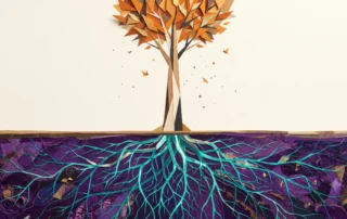 Ilustração em colagem minimalista de uma árvore com folhas geométricas laranjas na superfície e uma complexa rede subterrânea de raízes brilhantes em ciano sobre solo roxo profundo, representando a engenharia oculta para desenvolver mentalidade de sucesso com hipnose e flow.
