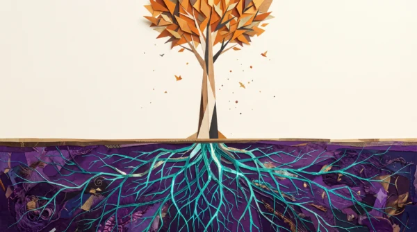 Ilustração em colagem minimalista de uma árvore com folhas geométricas laranjas na superfície e uma complexa rede subterrânea de raízes brilhantes em ciano sobre solo roxo profundo, representando a engenharia oculta para desenvolver mentalidade de sucesso com hipnose e flow.